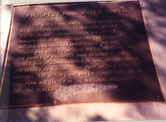 Plaque for Witch's Hat Water Tower, National Register of Historic Places, Prospect Park, Minneapolis, MN, 2002